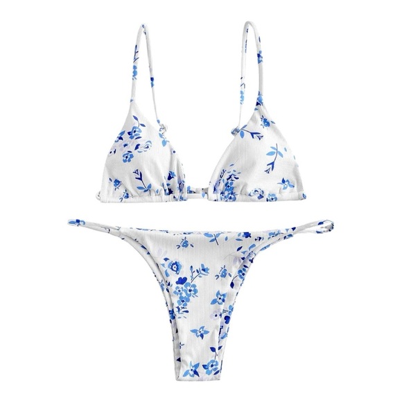 ZAFUL Ditsy Floral Printed Swimsuit Triangle High Cut Cheeky Bikini Set - Picture 1 of 7